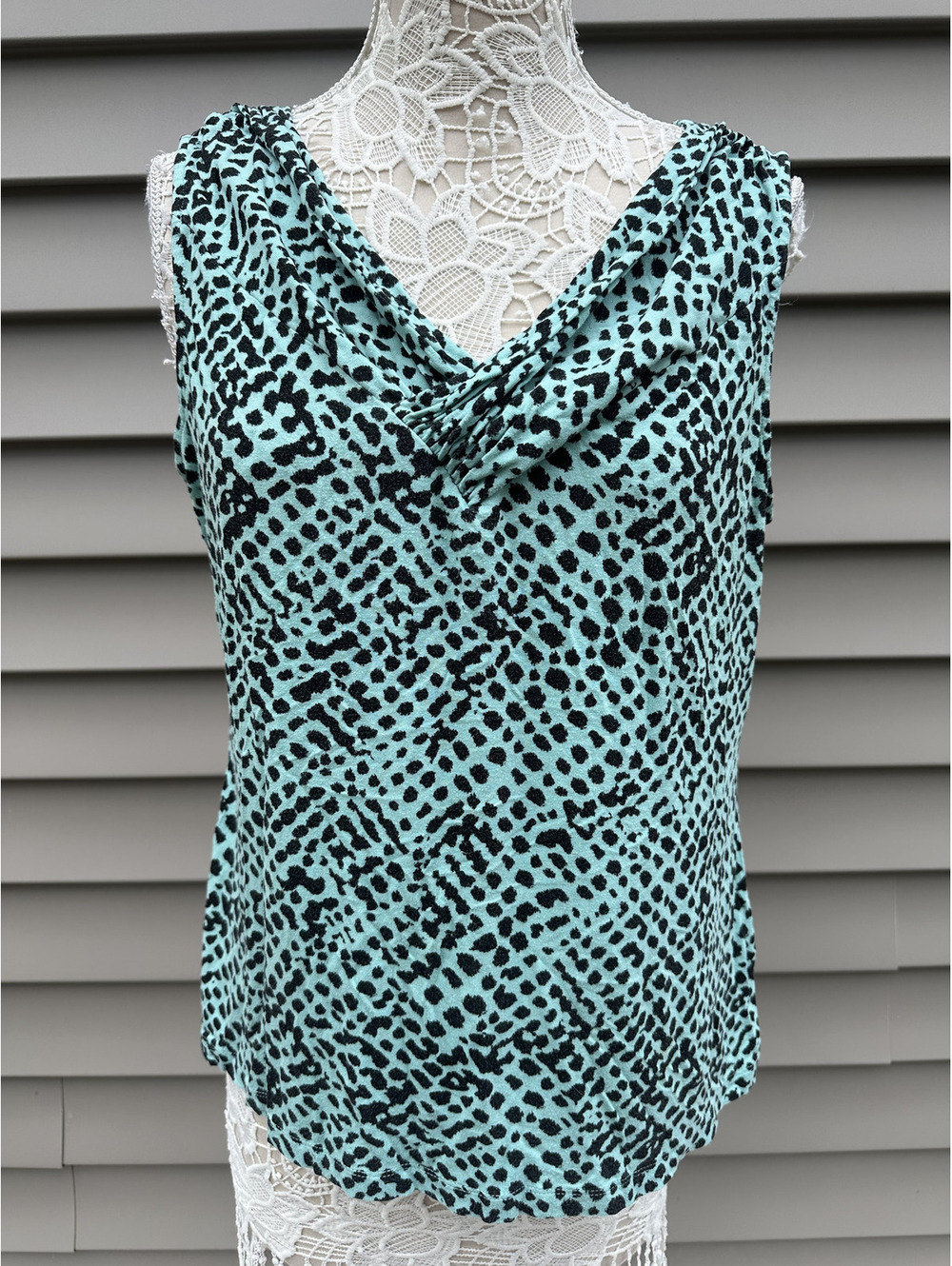 212 Collection Y2K Sleeveless Top Mint Black Spotted Draped Neckline